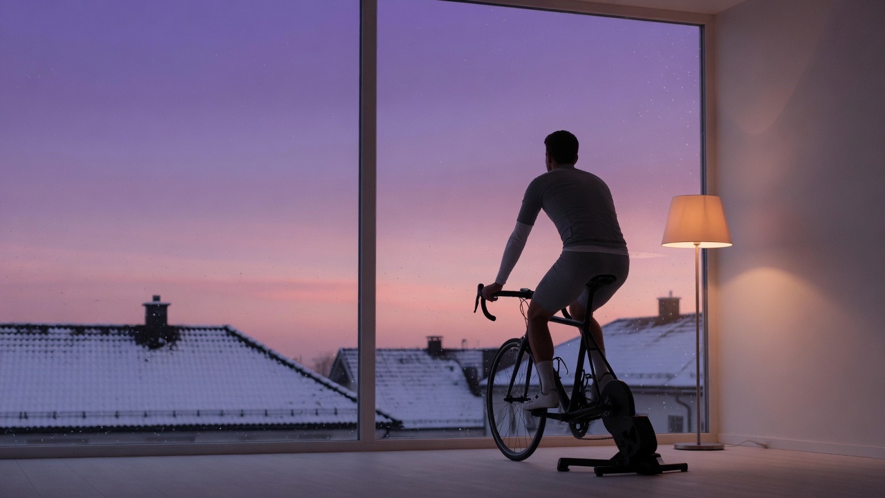 Winter evening: a rider on a trainer before a window over snowy rooftops, sky violet to rose.