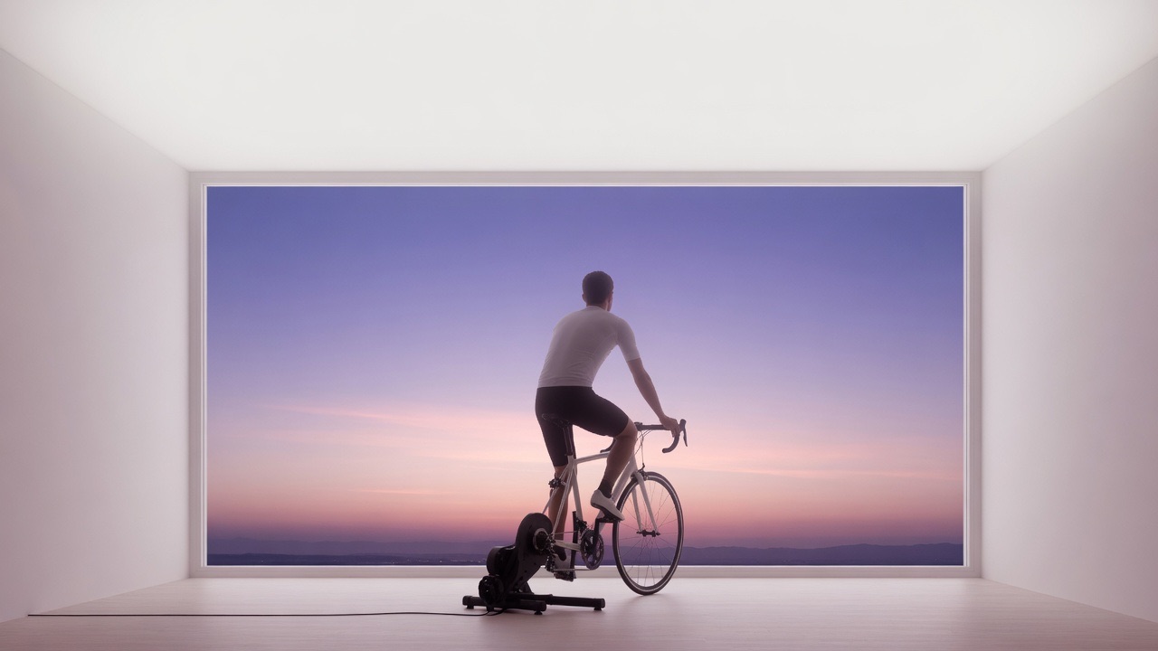 A rider on an indoor trainer in front of a large window at dawn, the sky turning from violet to rose.