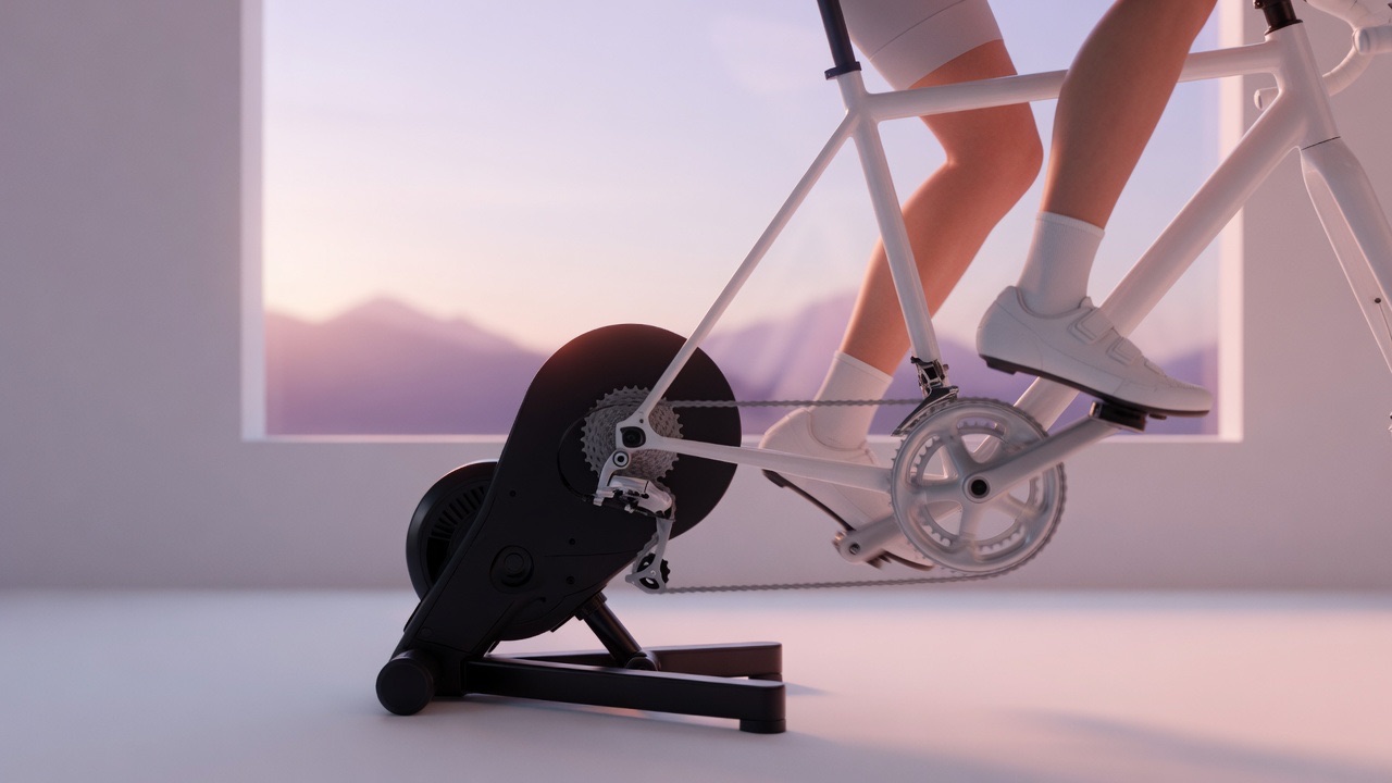 Legs turning the cranks of a bike on a smart trainer.