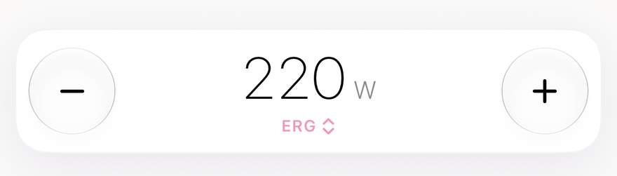 Trainer control: ERG selected, target 220 W, minus and plus buttons.