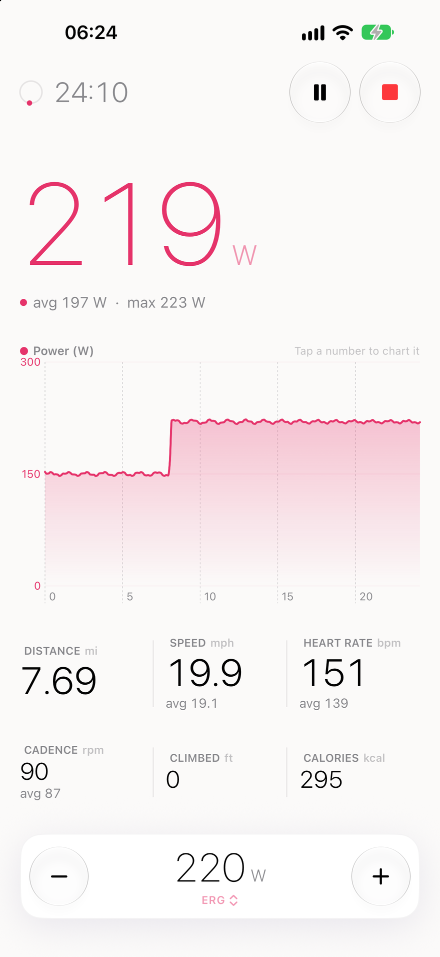 Calmavelo ride screen on iPhone: 219 W in large thin numerals, a power and heart-rate graph, and heart rate, cadence and speed below.