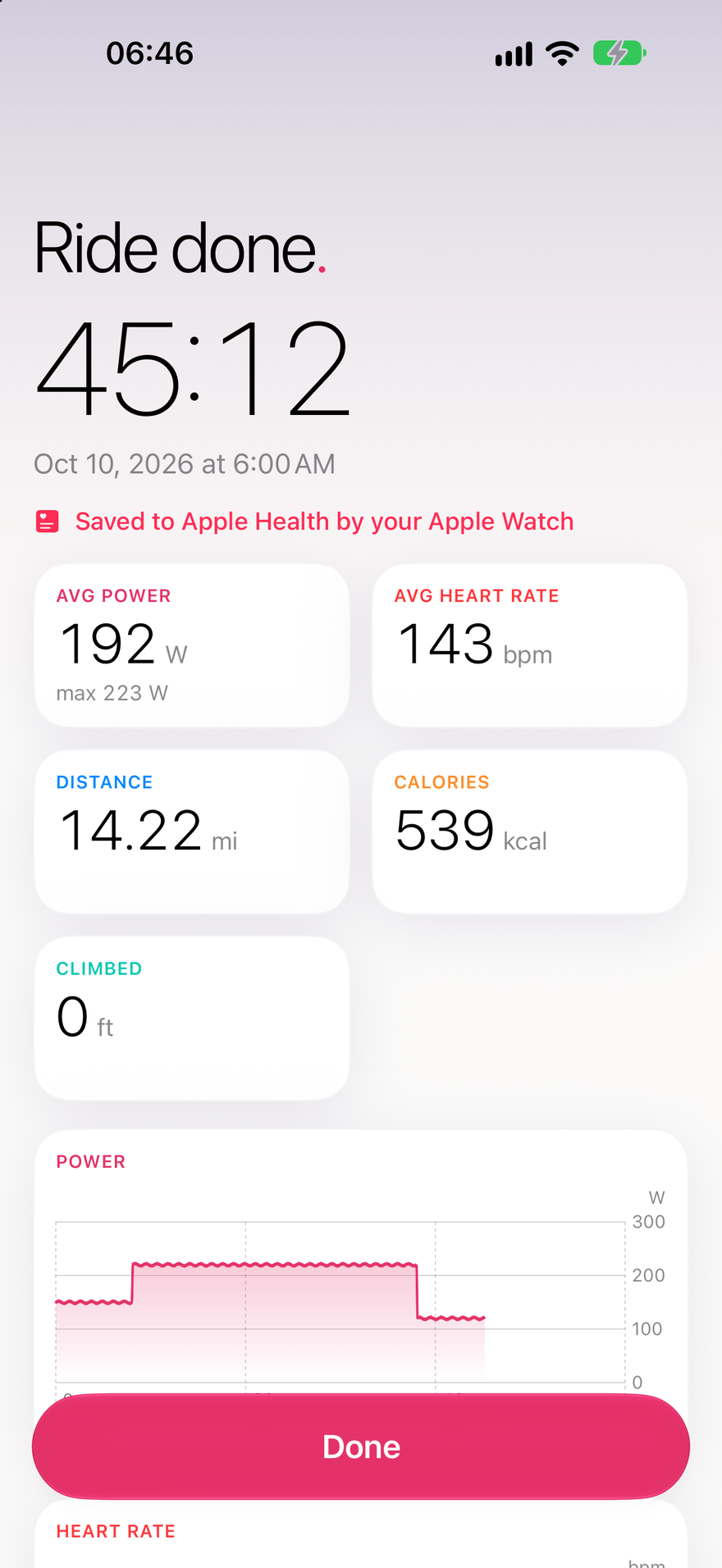 Ride done. 45:12, saved to Apple Health by your Apple Watch, 192 W average, 143 bpm, 539 kcal.